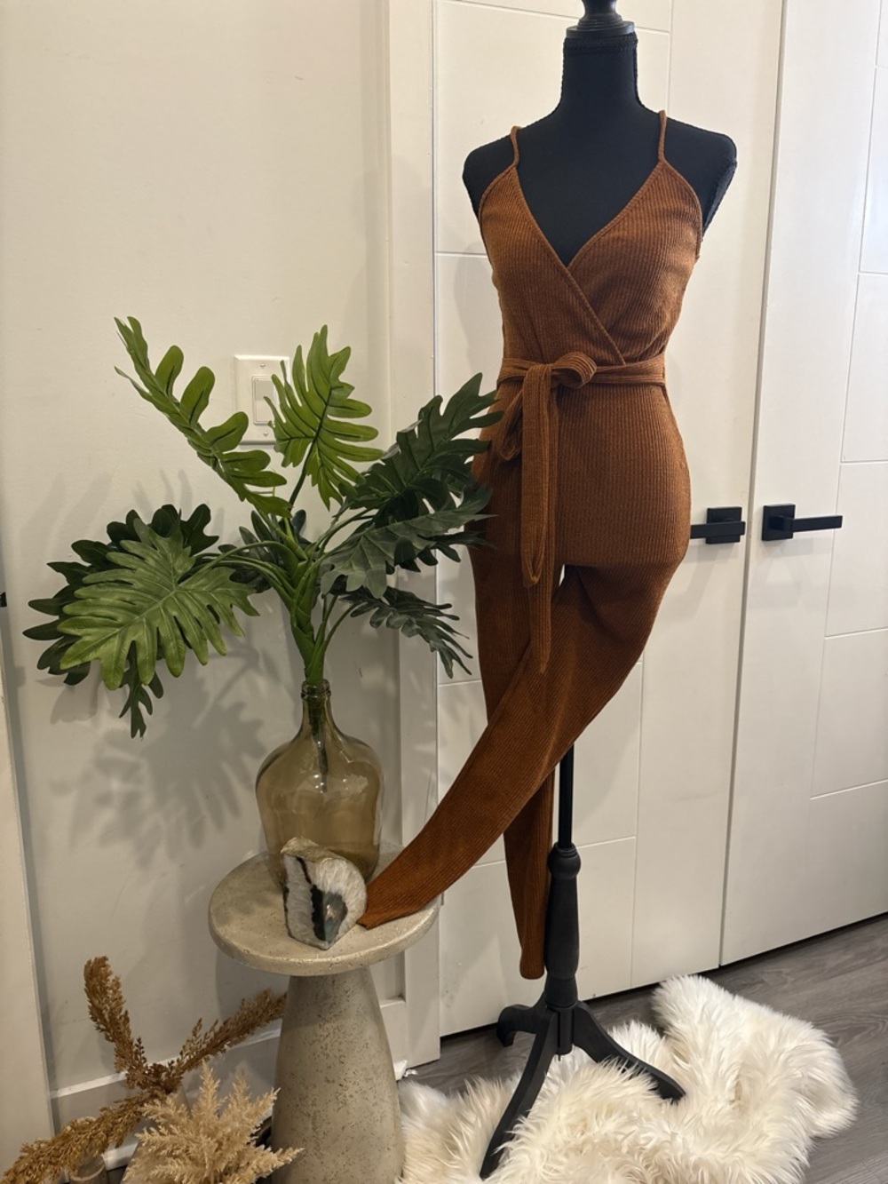 Fashion Nova Rust Brown Ribbed Wrap Jumpsuit with Tie